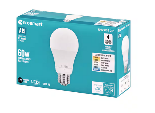 EcoSmart 60-Watt Equivalent A19 Dimmable LED Light Bulb with Selectable Color Temperature (4-Pack)