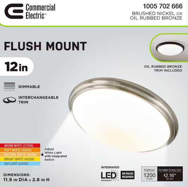 Commercial Electric 12 in. Light Brushed Nickel and Oil-Rubbed Bronze Adjustable CCT Integrated LED Flush Mount with Interchangeable Trim