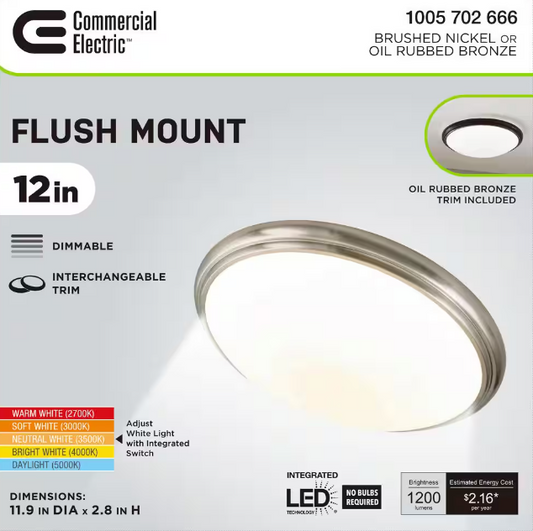 Commercial Electric 12 in. Light Brushed Nickel and Oil-Rubbed Bronze Adjustable CCT Integrated LED Flush Mount with Interchangeable Trim