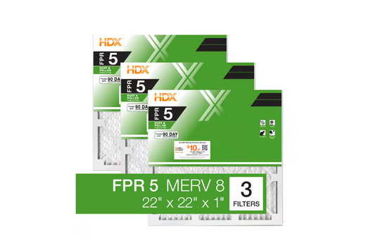 HDX 22 in. x 22 in. x 1 in. Standard Pleated Air Filter FPR 5,  MERV 8 (3-Pack)