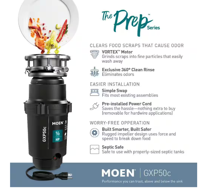 MOEN Prep Series 1/2 HP Continuous Feed Garbage Disposal with Power Cord and Universal Mount