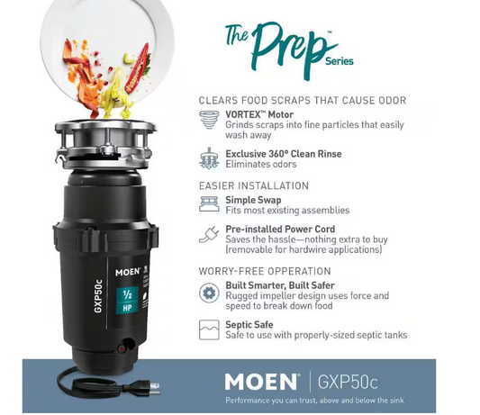 MOEN Prep Series 1/2 HP Continuous Feed Garbage Disposal with Power Cord and Universal Mount