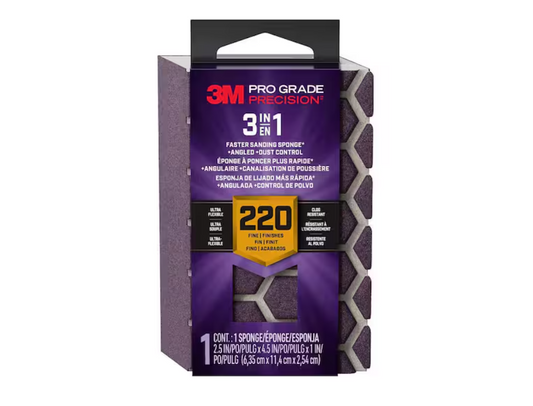 3M Pro Grade Precision 2.5 in. x 4.5 in. x 1 in. Fine 220 Grit 3-in-1 Sanding Sponge (1-Pack)