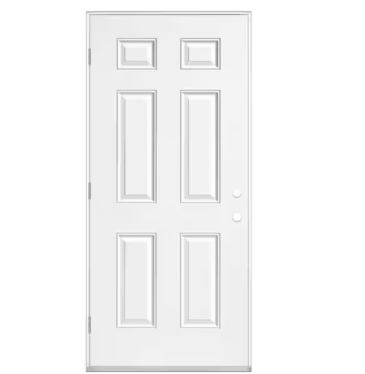 Masonite 36 in. x 80 in. Premium 6 Panel Right-Hand Outswing Primed Impact Steel Prehung Front Exterior Door No Brickmold