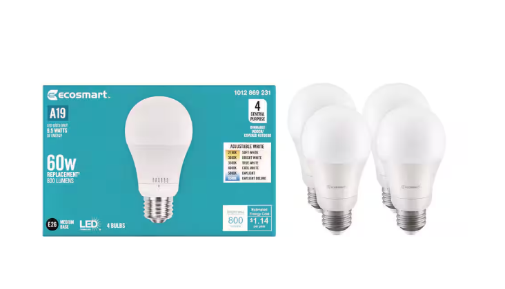 EcoSmart 60-Watt Equivalent A19 Dimmable LED Light Bulb with Selectable Color Temperature (4-Pack)