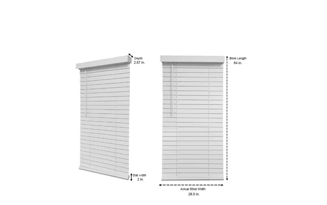 Home Decorators Collection White Cordless Faux Wood Blinds for Windows with 2 in. Slats - 27 in. W x 64 in. L (Actual Size 26.5 in. W x 64 in. L)