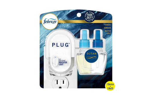 Febreze Plug Starter Kit 0.87 oz. Ocean Scent Oil Warmer and Oil Refill Plug-In Air Freshener