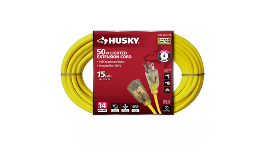 Husky 50 ft. 14/3 Medium Duty Indoor/Outdoor Extension Cord with Lighted End, Yellow