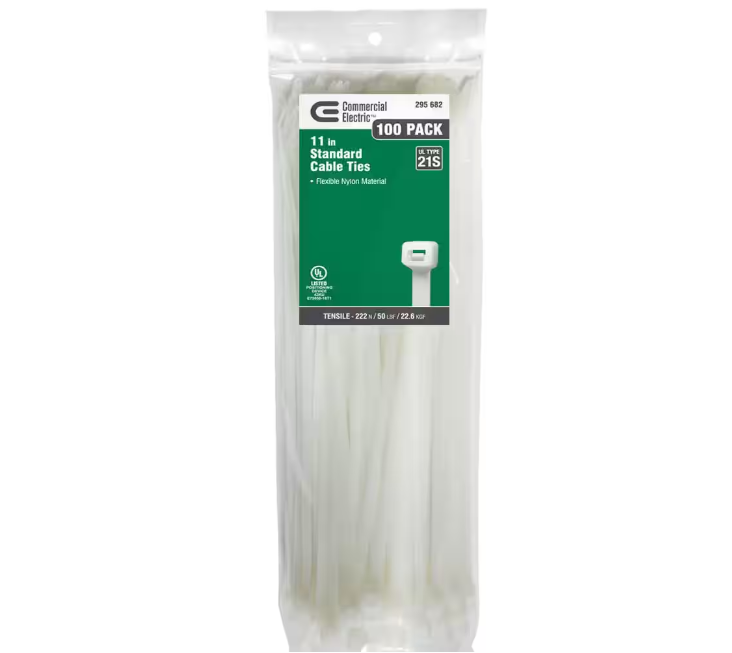 Commecial Electric 11in Standard 50lb Tensile Strength UL 21S Rated Cable Zip Ties 100 Pack Natural (White)