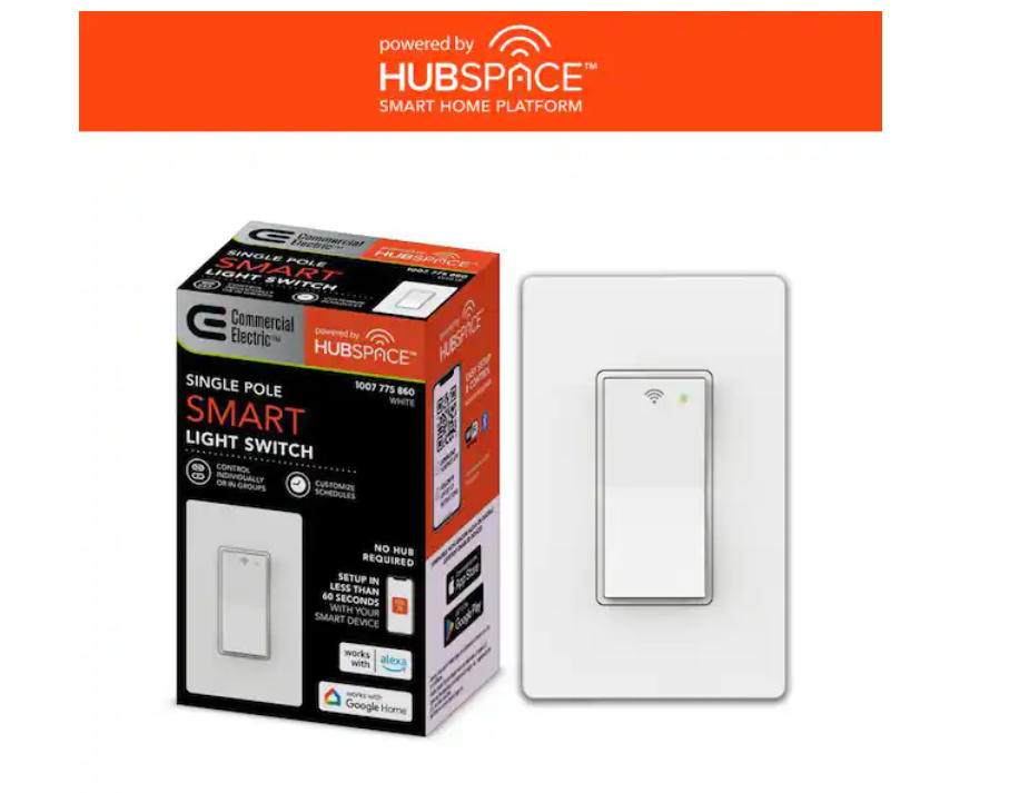 Commercial Electric 15 Amp Single-Pole White Smart Light Switch with Wi-Fi and Bluetooth Technology Powered by Hubspace (1-Pack)
