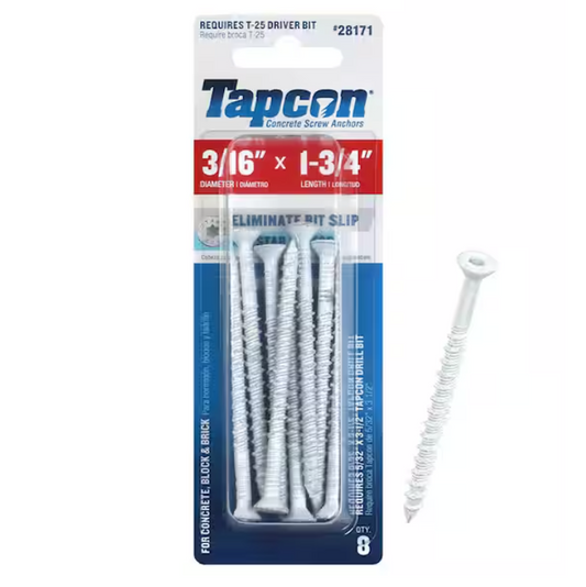 Tapcon 3/16 in. x 1-3/4 in. White Ultrashield Star-Flat-Head  Concrete Anchors (8-Piece)