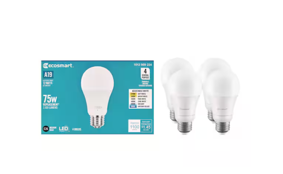 EcoSmart 75-Watt Equivalent A19 Dimmable LED Light Bulb with Selectable Color Temperature (4-Pack)