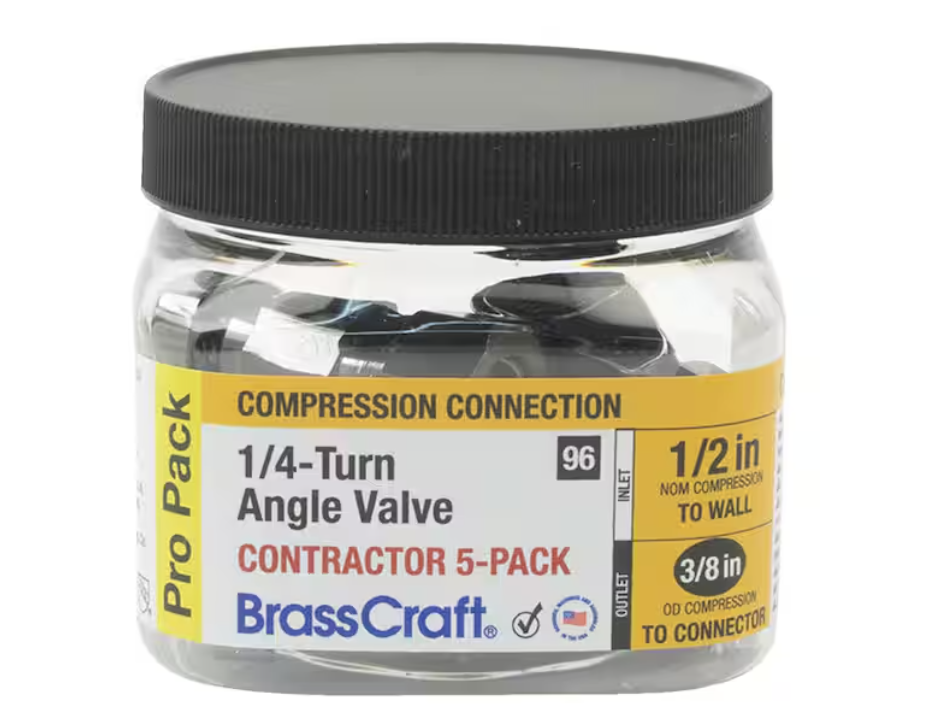 BrassCraft 1/2 in. Comp Inlet x 3/8 in. Comp Outlet 1/4-Turn Angle Valve (5-pack)