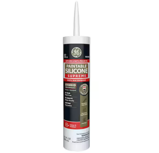 GE Paintable Supreme Silicone Caulk 9.5 oz Kitchen and bath Sealant White