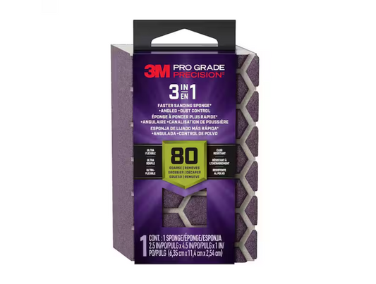3M Pro Grade Precision 2.5 in x 4.5 in x 1 in, 80 Grit, Coarse, 3-in-1 Sanding Sponge (1-Pack)