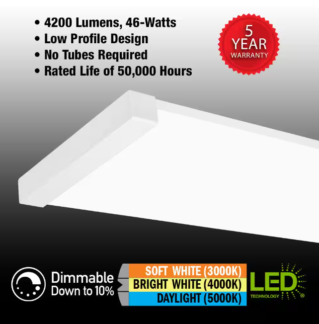 Commercial Electric 4 ft. x 10 in. Modern LED Kitchen Light Flush Mount Ceiling Light 4200LM 46W Adjustable CCT 120V White End Caps Dimmable