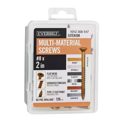 Everbilt 8 x 2 in. Brown 6-Lobe Torx Drive Exterior Flat Head Multi-Material Screw1 lb.-Box (126-piece)
