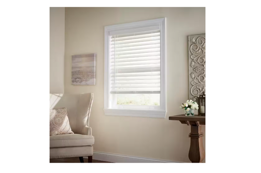 Home Decorators Collection White Cordless Premium Faux Wood blinds with 2.5 in. Slats - 35 in. W x 64 in. L (Actual Size 34.5 in. W x 64 in. L)