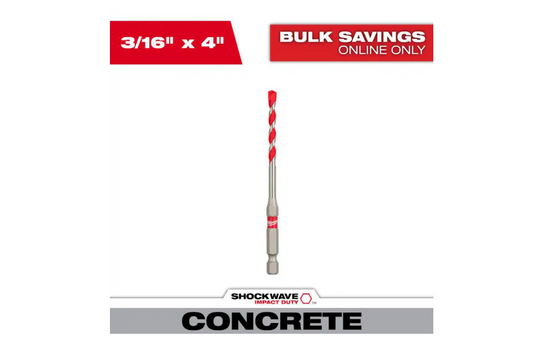 Milwaukee 3/16 in. x 2 in. x 4 in. SHOCKWAVE Carbide Hammer Drill Bit for Concrete, Stone, Masonry Drilling