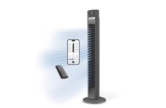 Lasko Xtra Air 48 in. 12-Speed Smart Tower Fan in Gray w/ DC Motor, Works w/ Alexa, Google, Whisper Quiet, Remote, 12 in. Dia