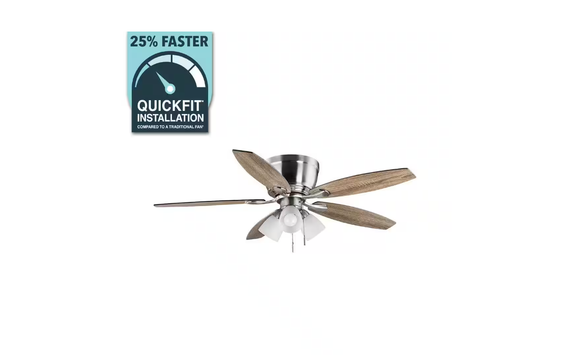 Hampton Bay Sidlow 52 in. Indoor LED Brushed Nickel Hugger Dry Rated Ceiling Fan with 5 QuickInstall Reversible Blades and Light Kit