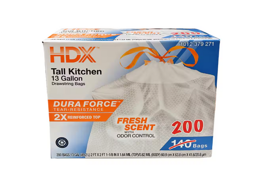 HDX 13 Gallon Reinforced Top Drawstring Fresh Scented Tall Kitchen Trash Bags with 20% PCR (200-Count)