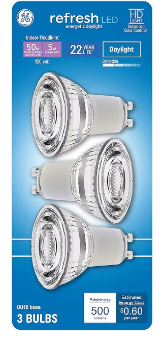 GE Refresh HD 50 -Watt EQ MR16 Daylight GU10 pin base Dimmable LED Spot Flood Light Bulb 3 -Pack