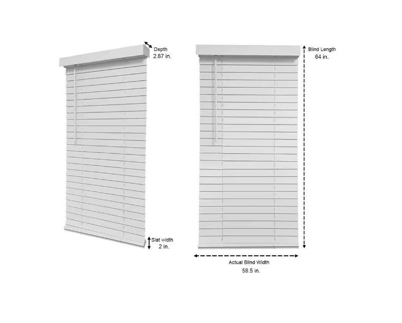 White Cordless Faux Wood Blinds for Windows with 2 in. Slats - 59 in. W x 64 in. L (Actual Size 58.5 in. W x 64 in. L)