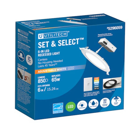 Utilitech Set Select White/Black 6-in 850 -Lumens Switchable white Round Dimmable LED Canless Wet rated Recessed Downlight
