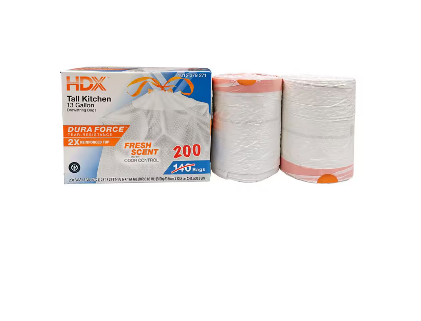 HDX 13 Gallon Reinforced Top Drawstring Fresh Scented Tall Kitchen Trash Bags with 20% PCR (200-Count)