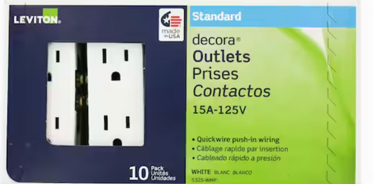 Leviton Decora 15 Amp 125 V Duplex Outlet/Receptacle, White (10-Pack) 5325-WMP