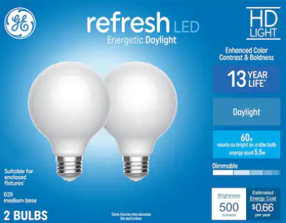 GE Refresh HD 60 -Watt EQ G25 Daylight Medium base (E-26) Dimmable LED Decorative Light Bulb 2 -Pack
