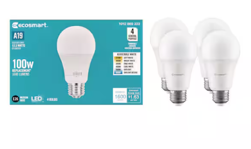 EcoSmart 100-Watt Equivalent A19 Dimmable LED Light Bulb with Selectable Color Temperature (4-Pack)
