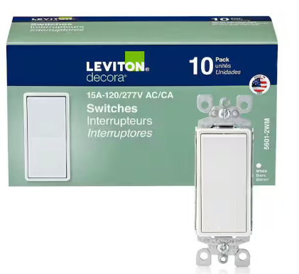 Leviton Decora 15 Amp Single Pole Rocker AC Quiet Light Switch, White (10-Pack)