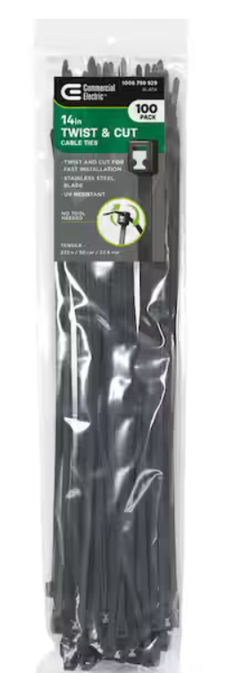 Commercial Electric 14in Twist and Cut UL Listed UV Resistant Cable Zip Ties 100 Pack UV (Black)