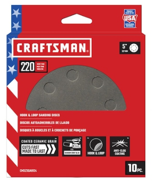 CRAFTSMAN 5 In 8H H/L Cer Disc 220 Grt 10pk 10 -Piece Ceramic alumina 220 -Grit Disc Sandpaper