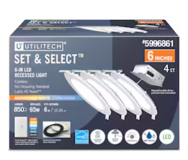 Utilitech Set Select White/ Black 6-in 850 -Lumens Switchable white Round Dimmable LED Canless Wet rated Recessed Downlight 4 -Pack