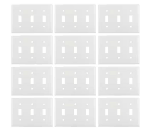 Sunlite 3-Gang Toggle UL Listed Screw-in Switch Wall Plate - White (12-Pack)