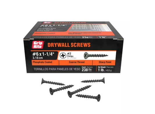 Grip-Rite #6 x 1-1/4 in. #2 Phillips Bugle Head Coarse Thread Sharp Point Drywall Screws 1 lb. Box