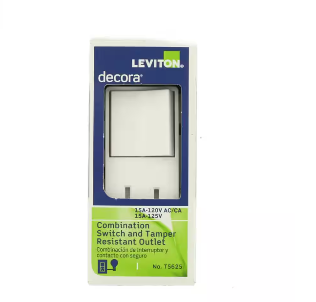 Leviton Decora 15 Amp Tamper Resistant Combo Switch and Outlet, White T5625-WS