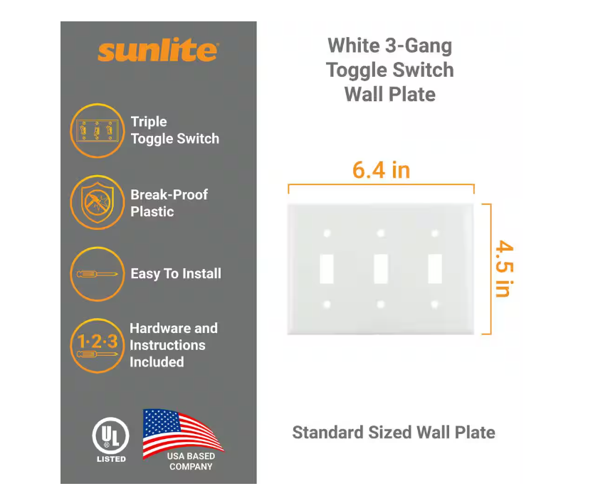Sunlite 3-Gang Toggle UL Listed Screw-in Switch Wall Plate - White (12-Pack)