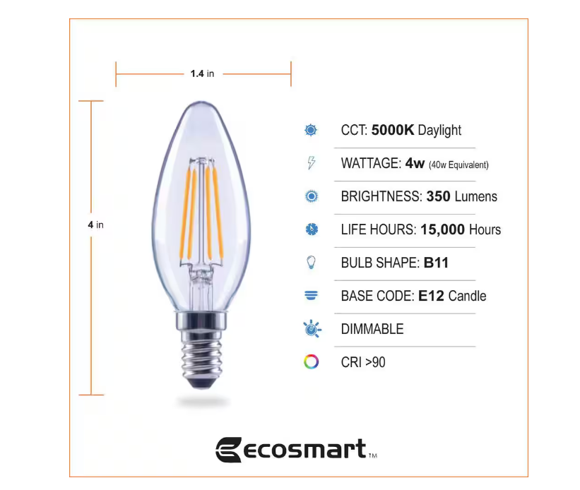 EcoSmart 40-Watt Equivalent B11 Dimmable E12 Candelabra ENERGY STAR Clear Glass Candle LED Vintage Light Bulb Daylight (3-Pack)