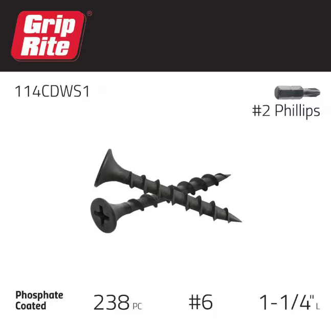 Grip-Rite #6 x 1-1/4 in. #2 Phillips Bugle Head Coarse Thread Sharp Point Drywall Screws 1 lb. Box
