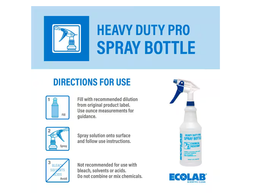 ECOLAB 32 oz. Heavy Duty Pro All Purpose Spray Bottle; Refillable Bottle with Adjustable Nozzle